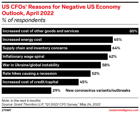 US CFOs' Reasons for Negative US Economy Outlook, April 2022 (% of respondents)