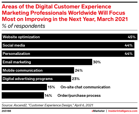 Areas of the Digital Customer Experience Marketing Professionals Worldwide Will Focus Most on Improving in the Next Year, March 2021 (% of respondents)