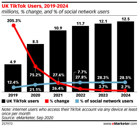 UK TikTok Users, 2019-2024 (millions, % change, and % of social network users)