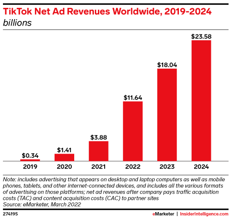 TikTok Net Ad Revenues Worldwide, 2019-2024 (billions)