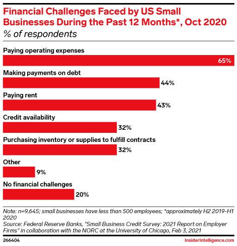 Financial Challenges Faced by US Small Businesses During the Past 12 Months*, Oct 2020 (% of respondents)