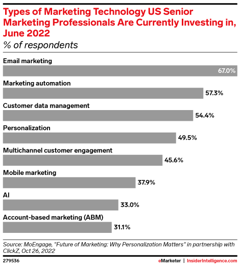 Types of Marketing Technology US Senior Marketing Professionals Are Currently Investing In, June 2022 (% of respondents)
