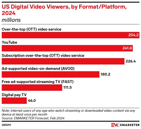 US Digital Video Viewers, by Format/Platform, 2024 (millions)