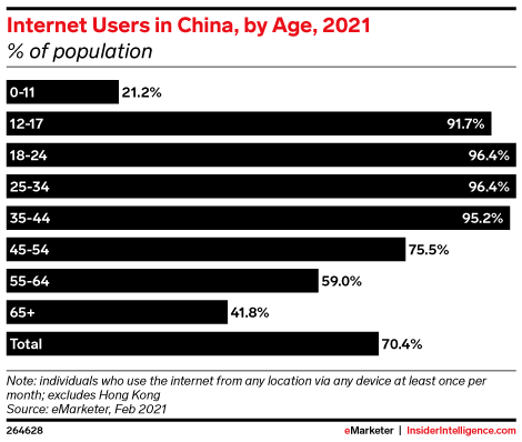 Internet Users in China, by Age, 2021 (% of population)