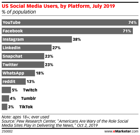 US Social Media Users, by Platform, July 2019 (% of population)