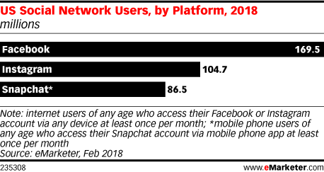 US Social Network Users, by Platform, 2018 (millions)